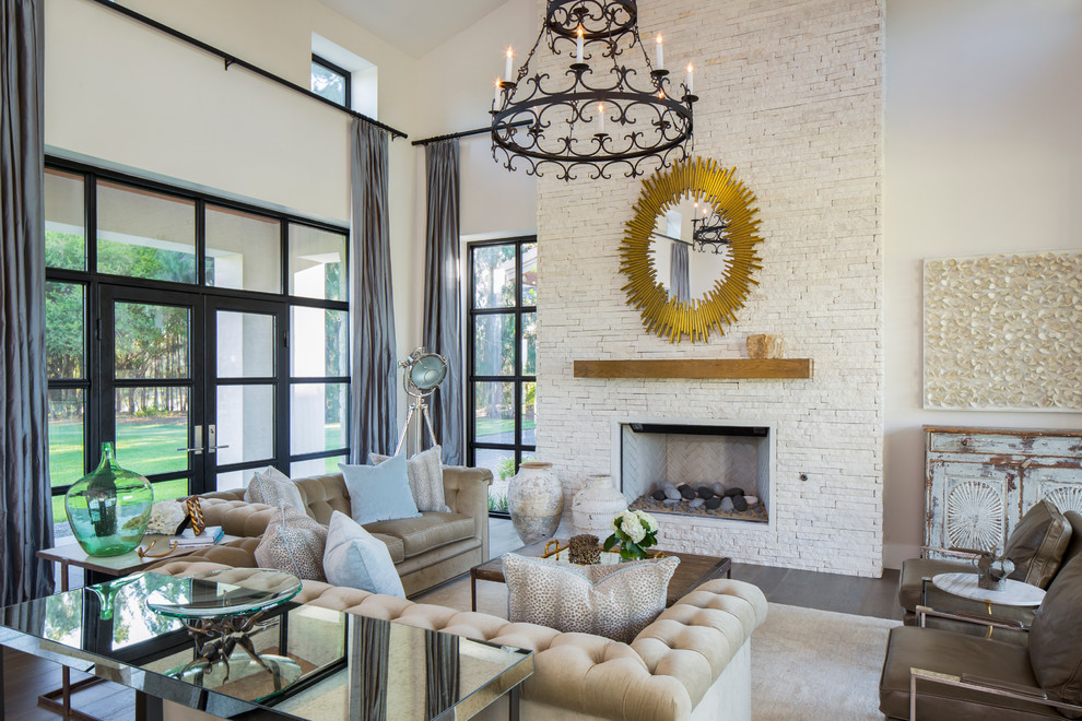 Design ideas for a contemporary formal open concept living room in Austin with white walls, dark hardwood floors and a tile fireplace surround.