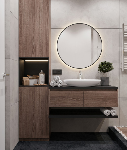 Dark Wood Elegance: Wood Vanity with Dark Countertop and Round Mirror