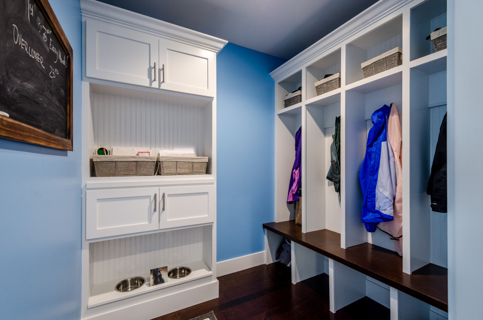 Design ideas for a mid-sized transitional mudroom in Other with blue walls, dark hardwood floors and brown floor.