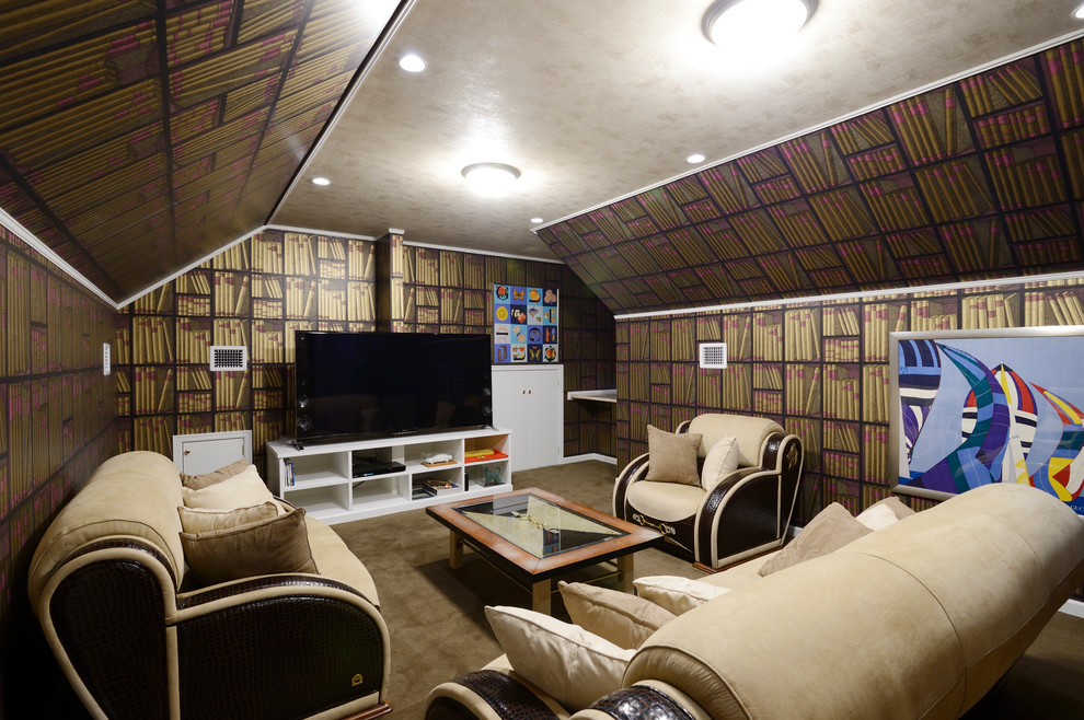 This is an example of a traditional home theatre in Other with multi-coloured walls, carpet, a wall-mounted tv and brown floor.