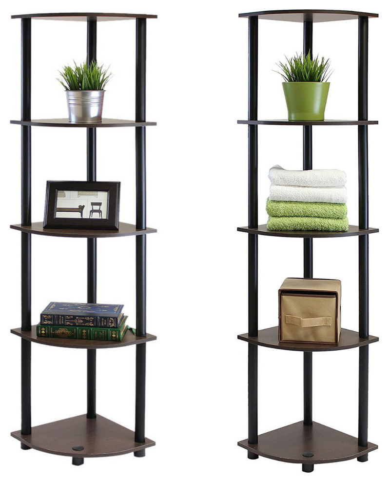 5Tier Corner Shelf, Dark Brown Grain/Black, Set of 2 Transitional