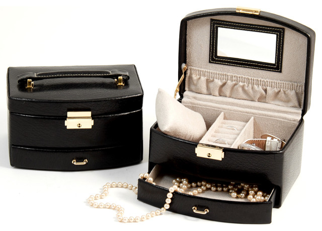 Black Leather 2 Level Jewelry Case with Drawer and Mirror. Locking Clasp.