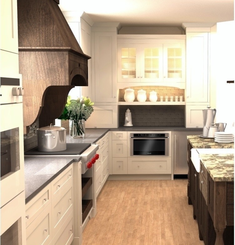 Large transitional u-shaped medium tone wood floor eat-in kitchen photo with a farmhouse sink, shaker cabinets, white cabinets, granite countertops, beige backsplash, paneled appliances and an island