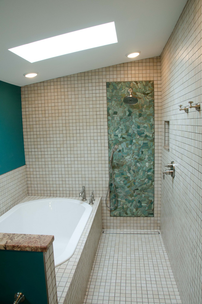 Photo of a medium sized traditional bathroom in Minneapolis with flat-panel cabinets, white cabinets, a built-in bath, a walk-in shower, a one-piece toilet, green tiles, stone tiles, green walls, ceramic flooring, a pedestal sink, granite worktops, beige floors, an open shower, grey worktops, a single sink and a built in vanity unit.