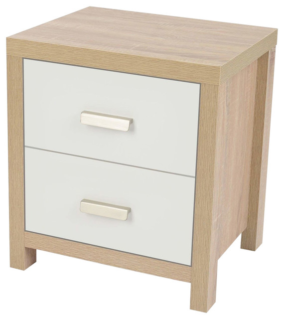 Modern Bedside Table With Oak Finished Frame and 2 White Storage Drawers