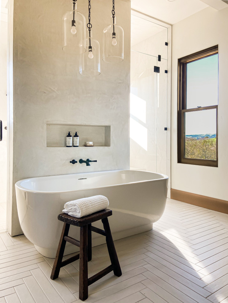 Example of a large arts and crafts master porcelain tile, white floor and single-sink bathroom design in San Francisco with flat-panel cabinets, dark wood cabinets, an undermount sink, quartz countertops, a hinged shower door, white countertops and a built-in vanity