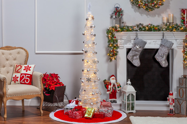 6' High Pop Up Pre-Lit Decorated Narrow White Tree With Warm White ...