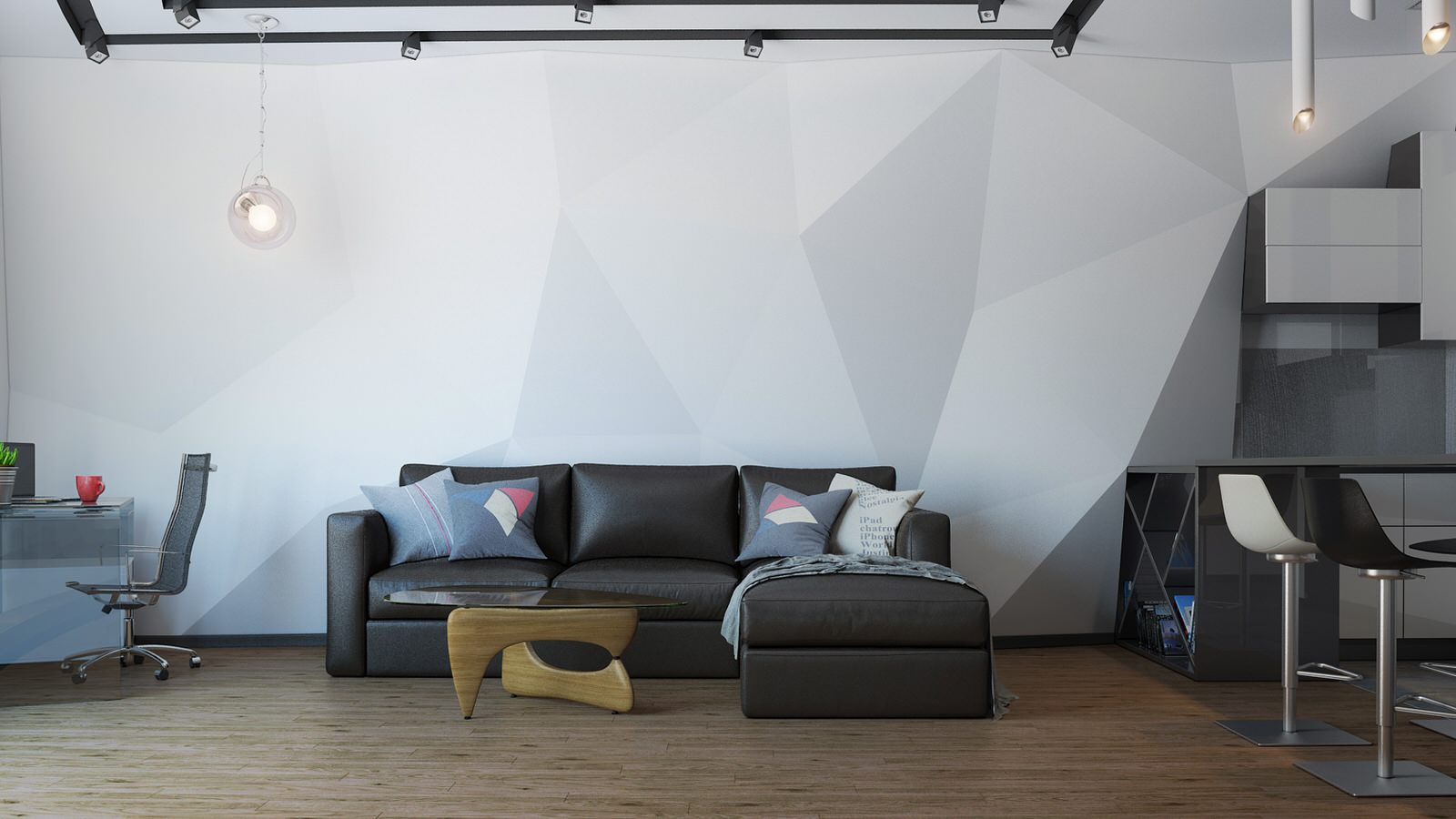 Черно-белый дизайн гостиной, объединенной с кухней