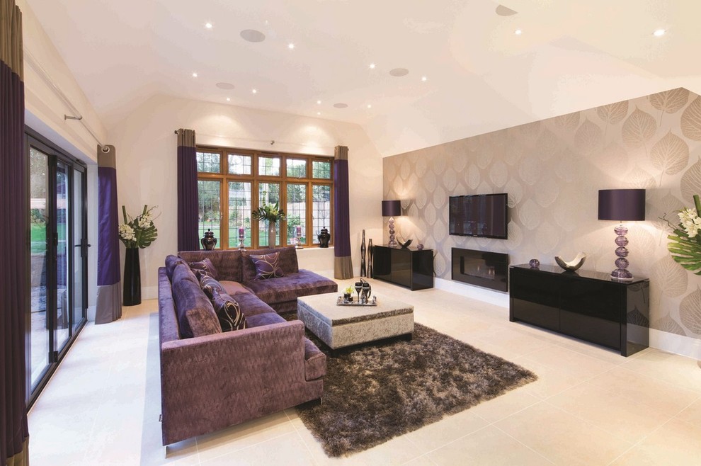Design ideas for a traditional living room in London with beige walls, a ribbon fireplace and a wall mounted tv.