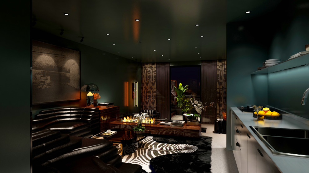Стильный дизайн: большая открытая гостиная комната в стиле модернизм с зелеными стенами, ковровым покрытием, горизонтальным камином, фасадом камина из дерева, бежевым полом и красивыми шторами - последний тренд