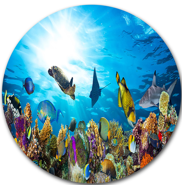 Colorful Coral Reef With Fishes, Seascape Photo Round Wall Art Beach