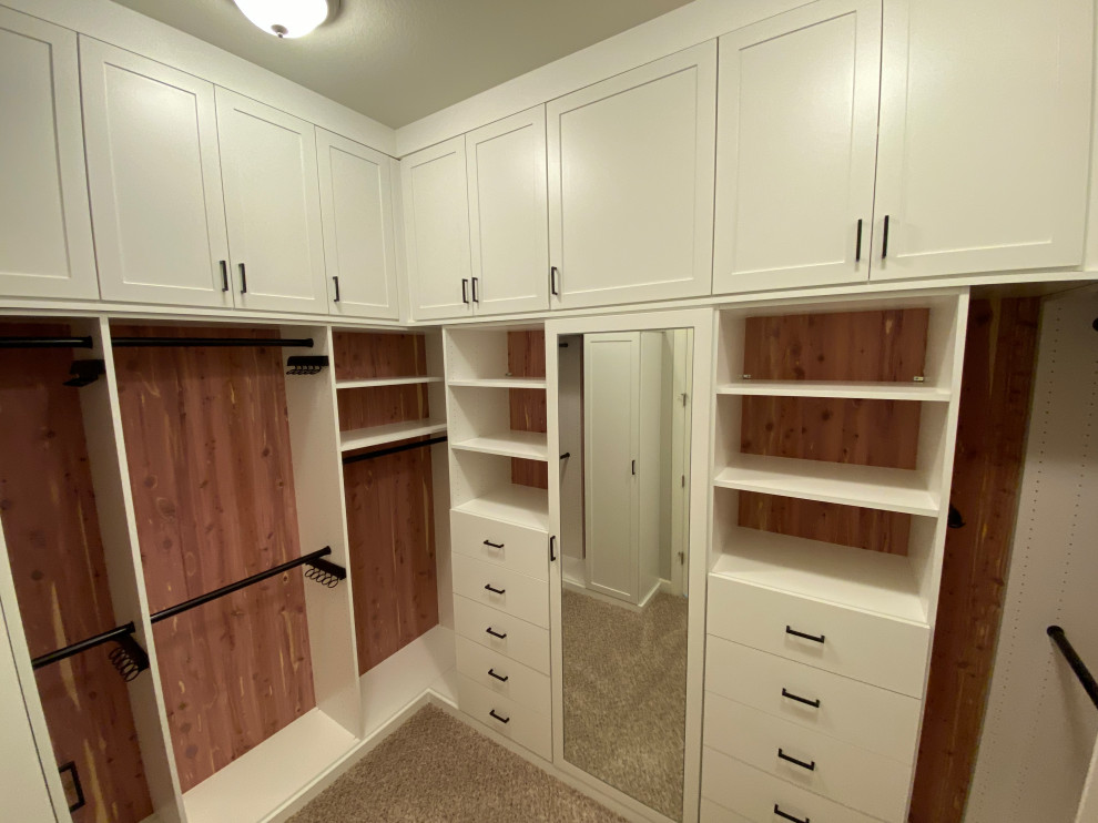Cette image montre une grande armoire encastrée design neutre avec un placard à porte shaker, des portes de placard blanches, moquette et un sol beige.