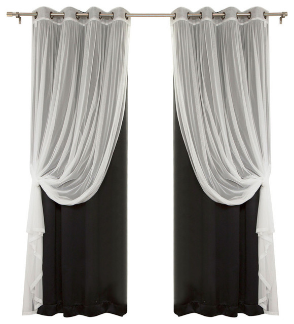 Gathered Tulle Sheer and Blackout 4-Piece Curtain Set, Black, 84"