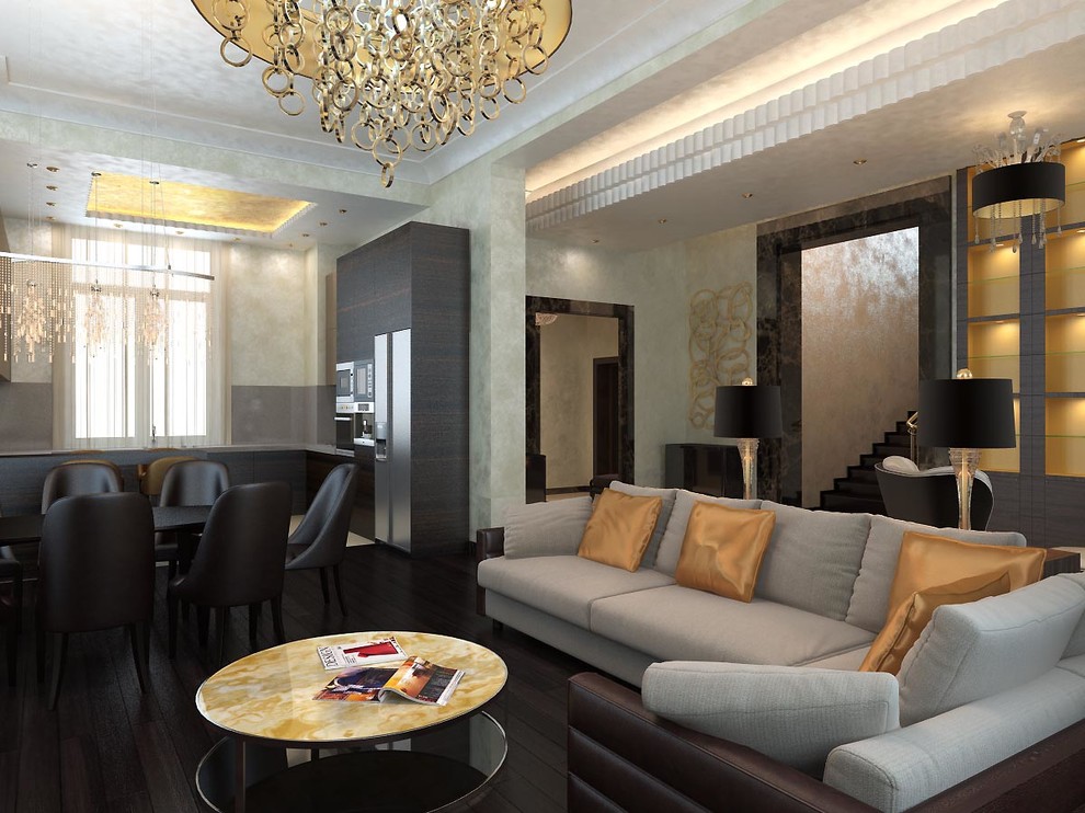 Проект коттеджа. Гостиная, столовая, кухня, каминная зона