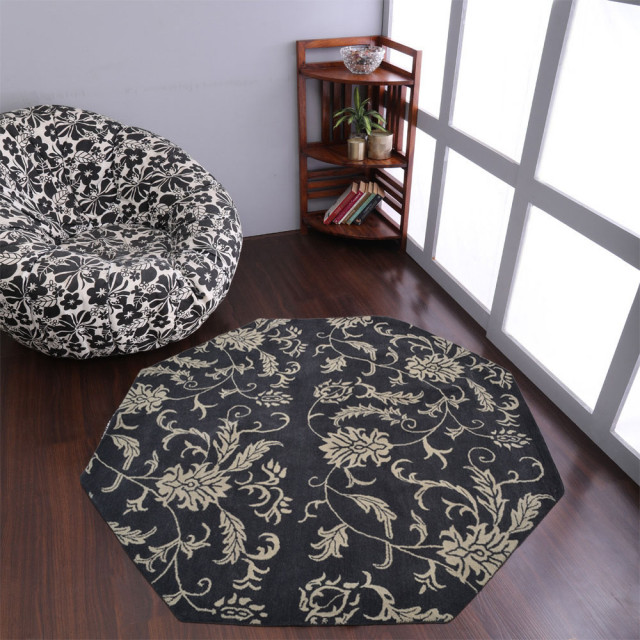 Hand Tufted Wool Area Rug Floral Charcoal Beige