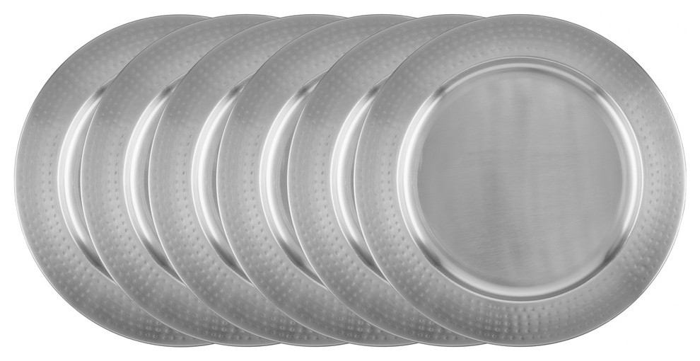 S/6 13" Dia. Brushed Nickel Charger Plates w/Hammered Rim Traditional