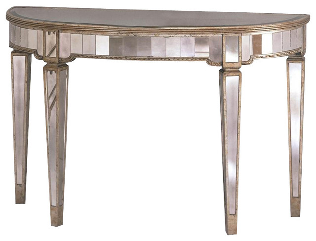Mirrored Demilune Console Table In Antique Silver Finish Mirrored Demilune Console Table In Antique Silver Finish