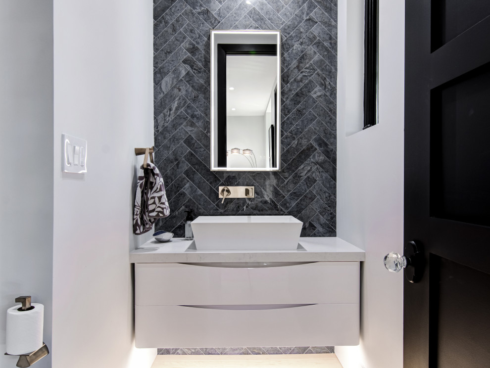 Inspiration for a small contemporary cloakroom in Miami with glass-front cabinets, white cabinets, a one-piece toilet, blue tiles, porcelain tiles, wood-effect flooring, a vessel sink, engineered stone worktops, yellow floors, white worktops and a floating vanity unit.