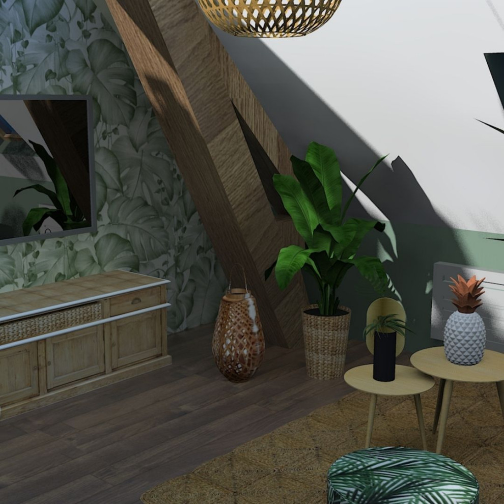 Cette image montre un petit salon mansardé ou avec mezzanine ethnique avec un mur vert, parquet clair et un téléviseur indépendant.