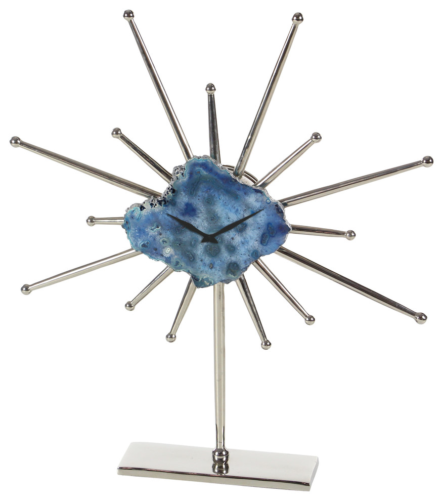Eclectic Agate Stone and Aluminum Spiky Table Clock