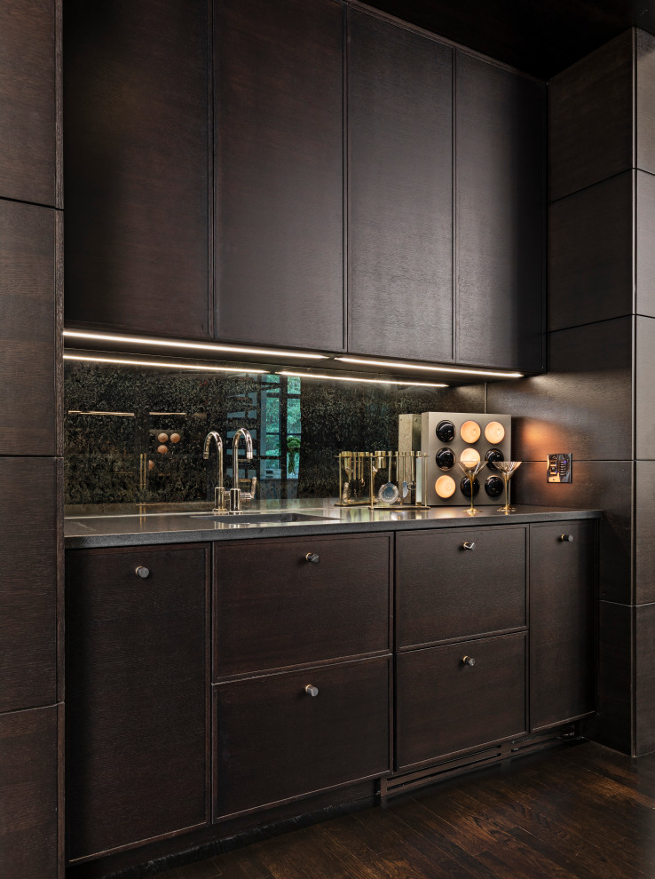 Inspiration for a small contemporary single-wall wet bar in Detroit with dark wood cabinets, mirror splashback, dark hardwood floors, grey benchtop, an undermount sink, flat-panel cabinets and brown floor.