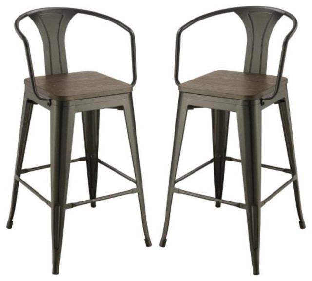Home Square Wooden Seat Bar Stool in Dark Elm and Matte Black Set of