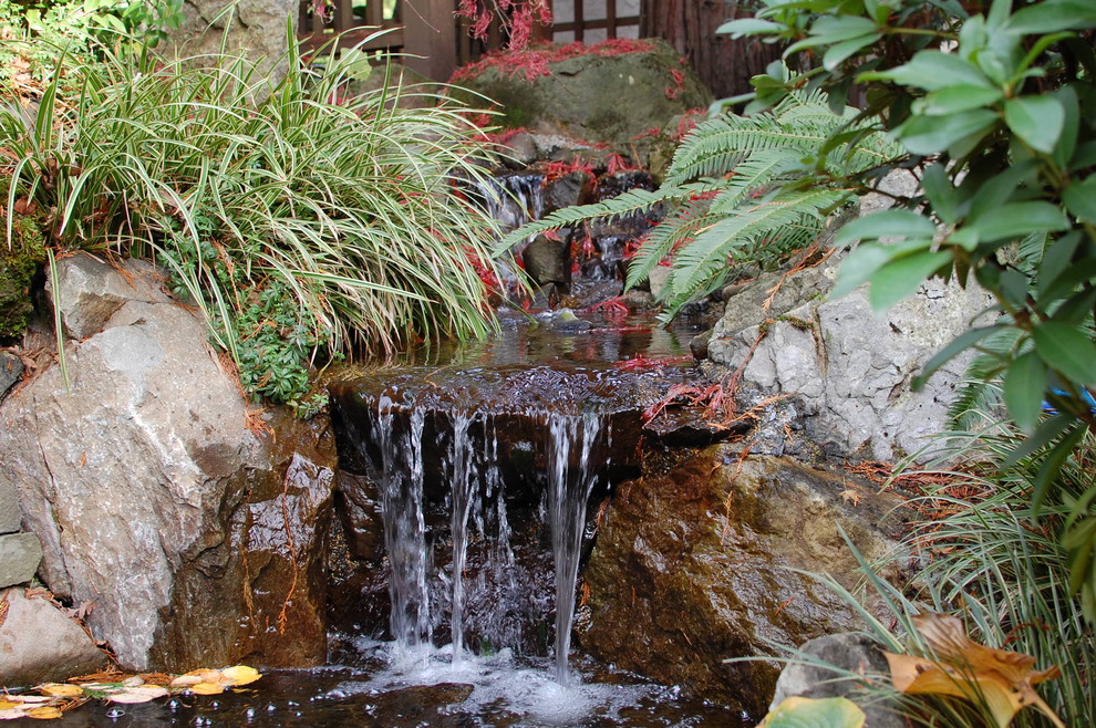 This is an example of a small traditional courtyard garden in Portland with a water feature.