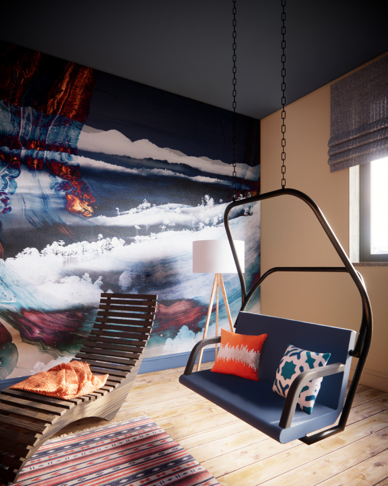 Идея дизайна: гостиная комната среднего размера в скандинавском стиле с синими стенами, деревянным полом, горизонтальным камином, фасадом камина из металла, бежевым полом и коричневым диваном
