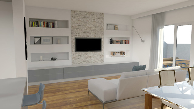 Progettazione living con cucina a vista e selezione arredi