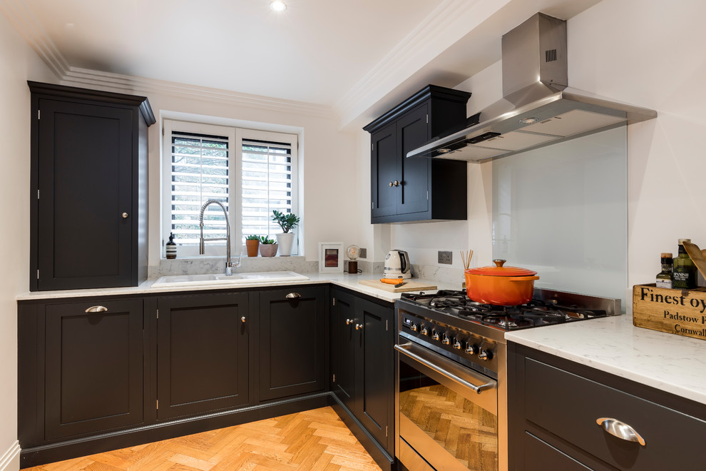 Inspiration for a small transitional l-shaped kitchen in London with a drop-in sink, recessed-panel cabinets, blue cabinets, marble benchtops, marble splashback, medium hardwood floors and brown floor.