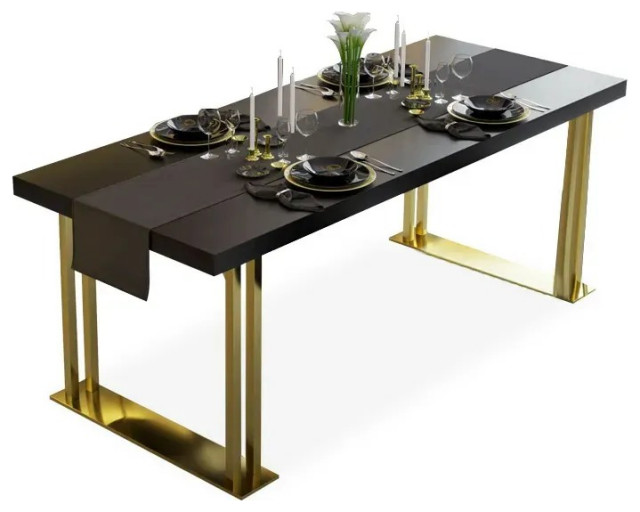 71" Black Rectangle Wood Dining Table, Gold Contemporary Dining