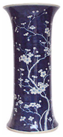 Blue and White Porcelain Umbrella Stand Cherry Plum Blossom Motif 23"