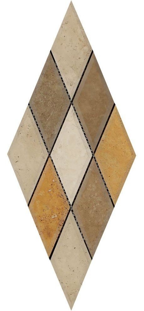 Mixed Travertine Deep-Beveled Diamond Mosaic (Ivory + Noce +, 3 X 6 Honed