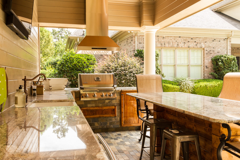 Transitional kitchen photo in Charlotte with a farmhouse sink, stainless steel appliances and an island