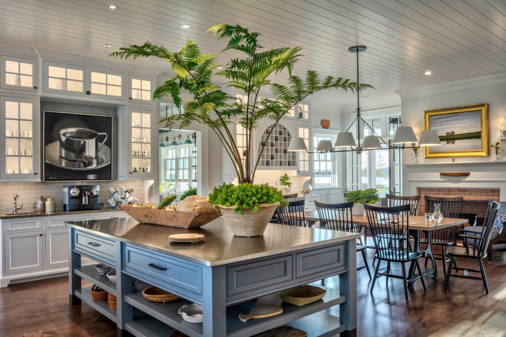 Example of a huge classic u-shaped medium tone wood floor and shiplap ceiling eat-in kitchen design in Baltimore with a double-bowl sink, white cabinets, zinc countertops, white backsplash, subway tile backsplash, stainless steel appliances, an island and white countertops