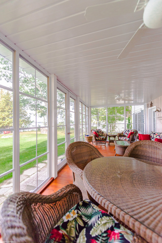 Inspiration for a mid-sized transitional medium tone wood floor and brown floor sunroom remodel in Other with a standard ceiling
