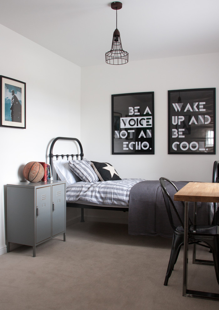 Design ideas for a mid-sized transitional kids' room for boys in Other with carpet, white walls and grey floor.