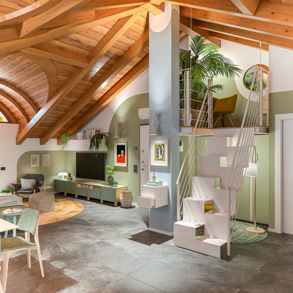 Esempio di un grande soggiorno contemporaneo stile loft con libreria, pareti multicolore, pavimento in gres porcellanato, TV a parete, pavimento grigio e travi a vista