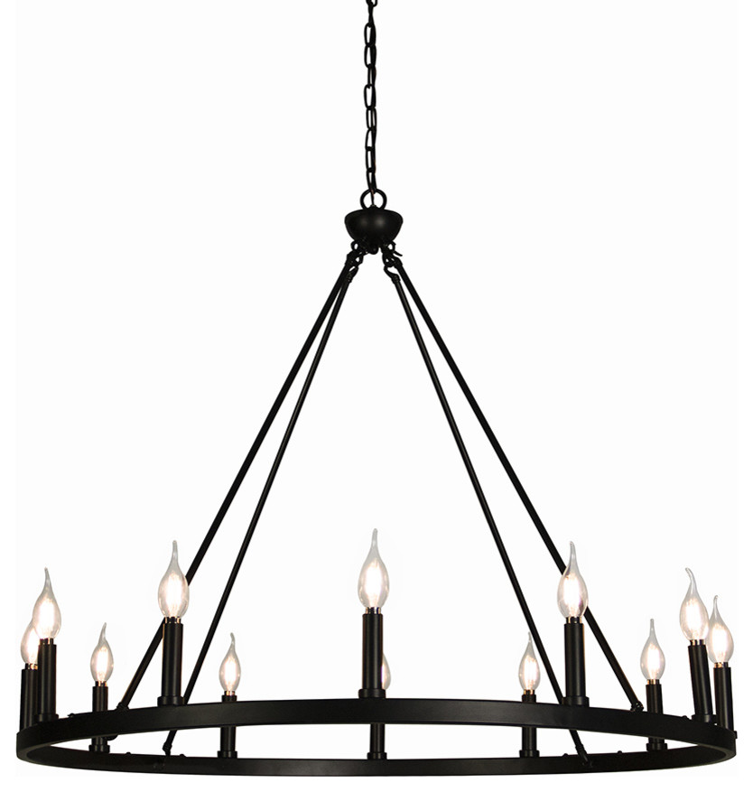 12 Light Wagon Wheel Chandelier In Black Transitional