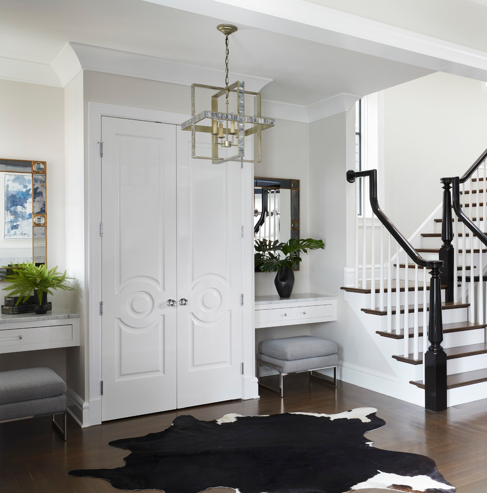 Inspiration for a mid-sized transitional foyer in Chicago with dark hardwood floors and grey walls.