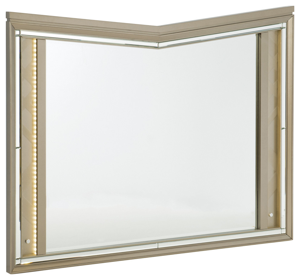 V Notch Design Wooden Frame Mirror with LED Light, Silver Transitional Wall Mirrors by