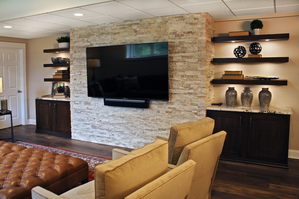 This is an example of a large traditional basement in Philadelphia with beige walls, laminate floors and brown floor.