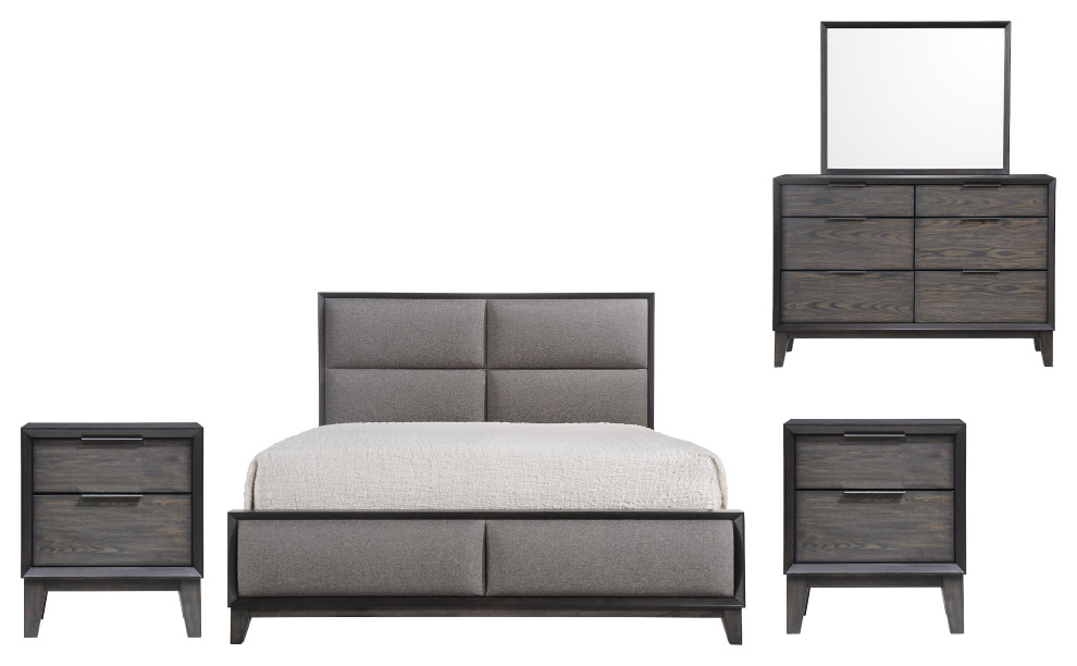 Misael 5 Piece Modern Upholstered Bedroom Set, King, Gray Wood