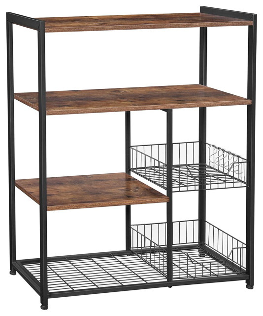 Industrial Bakers Rack, 2 Mesh Baskets and 6 Hooks, Great for Storage