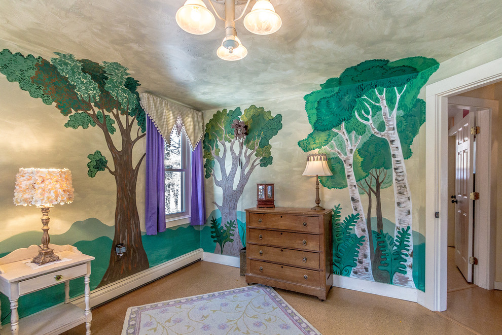 This is an example of a mid-sized contemporary kids' bedroom for kids 4-10 years old and girls in Portland Maine with green walls, cork floors and brown floor.