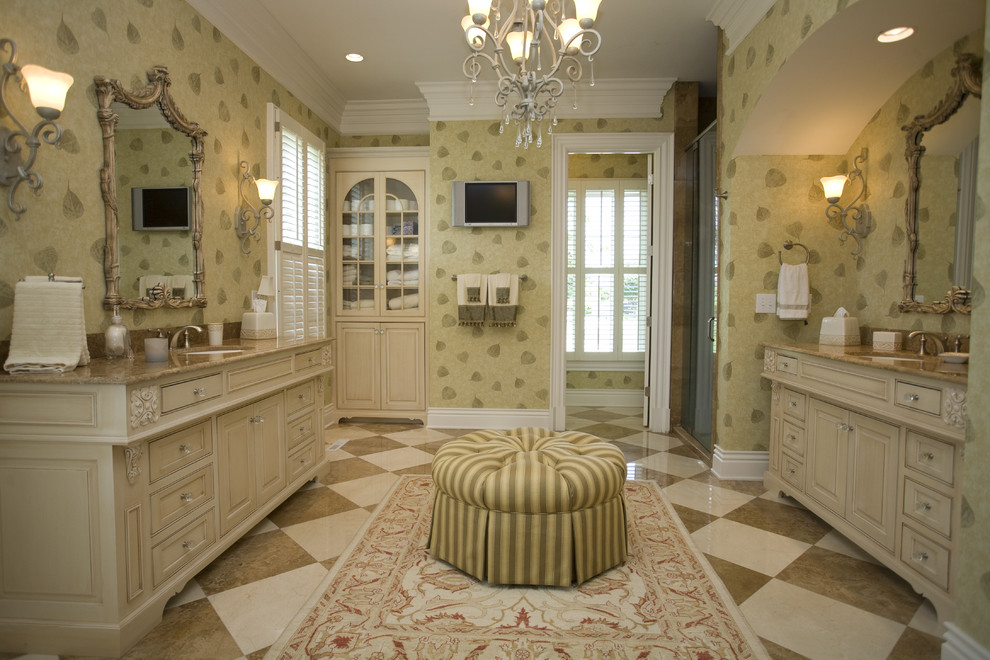 Mid-sized traditional master bathroom in Louisville with an undermount sink, raised-panel cabinets, beige cabinets, beige tile, ceramic floors and multi-coloured floor.