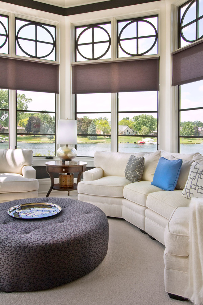 Inspiration for a large transitional sunroom in Detroit with carpet and a standard ceiling.