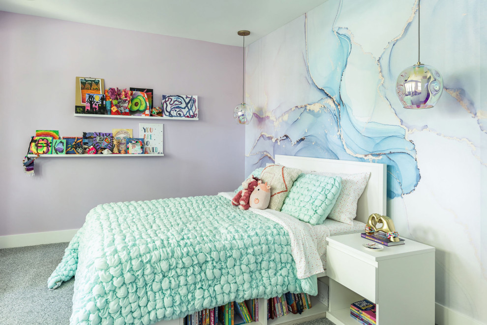 Phoenix Rising in Chicago - Example of a bedroom transitional girl carpeted, gray floor and wallpaper kids' bedroom design in Chicago with multicolored walls