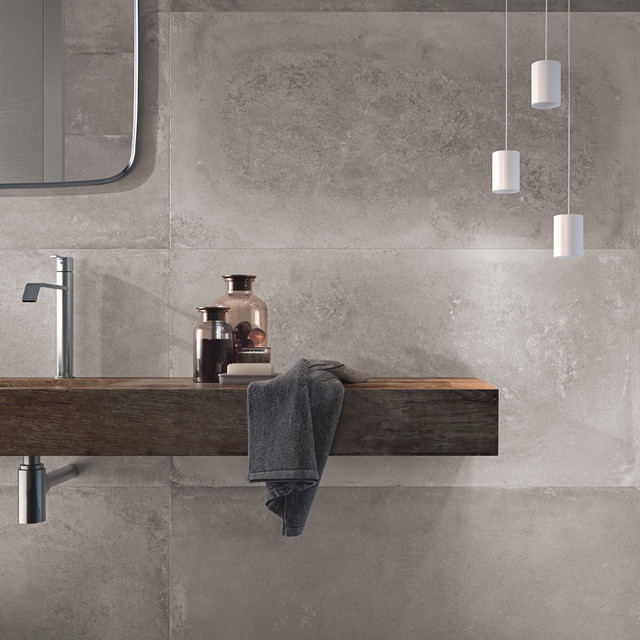 Concrete effect tiles Backstage Modern Bathroom Sussex by The