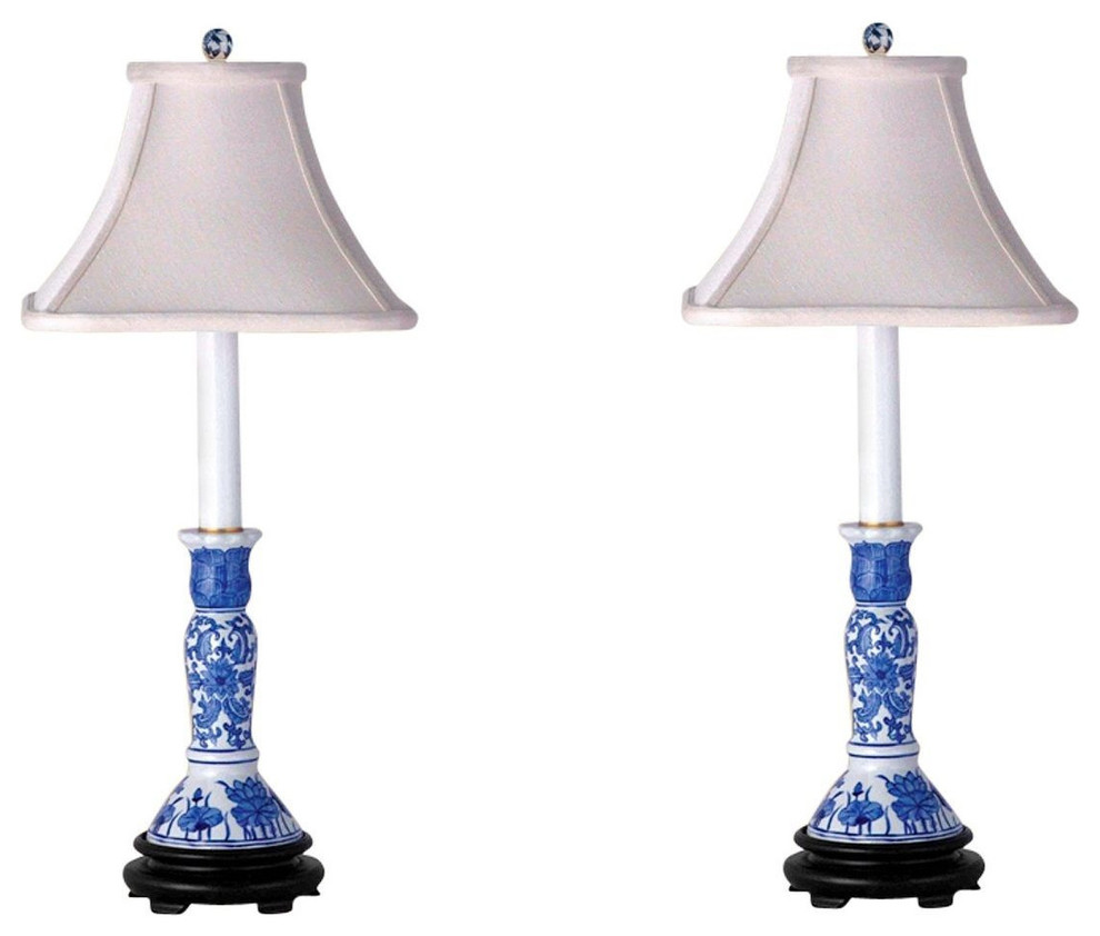 Blue and White Set of 2, Porcelain Candlestick Holder Table Lamp 25